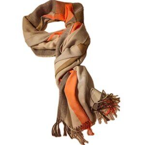 Large Plaid Cashmere Scarf Wrap Shawl Tan Brown Orange Fringe